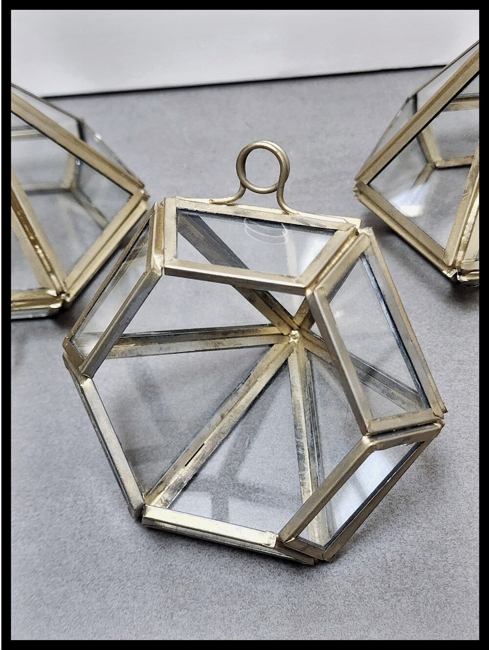 World Market Mini Diamond Geo Metal Glass Frame Hanging Terrarium Set Brass Tone